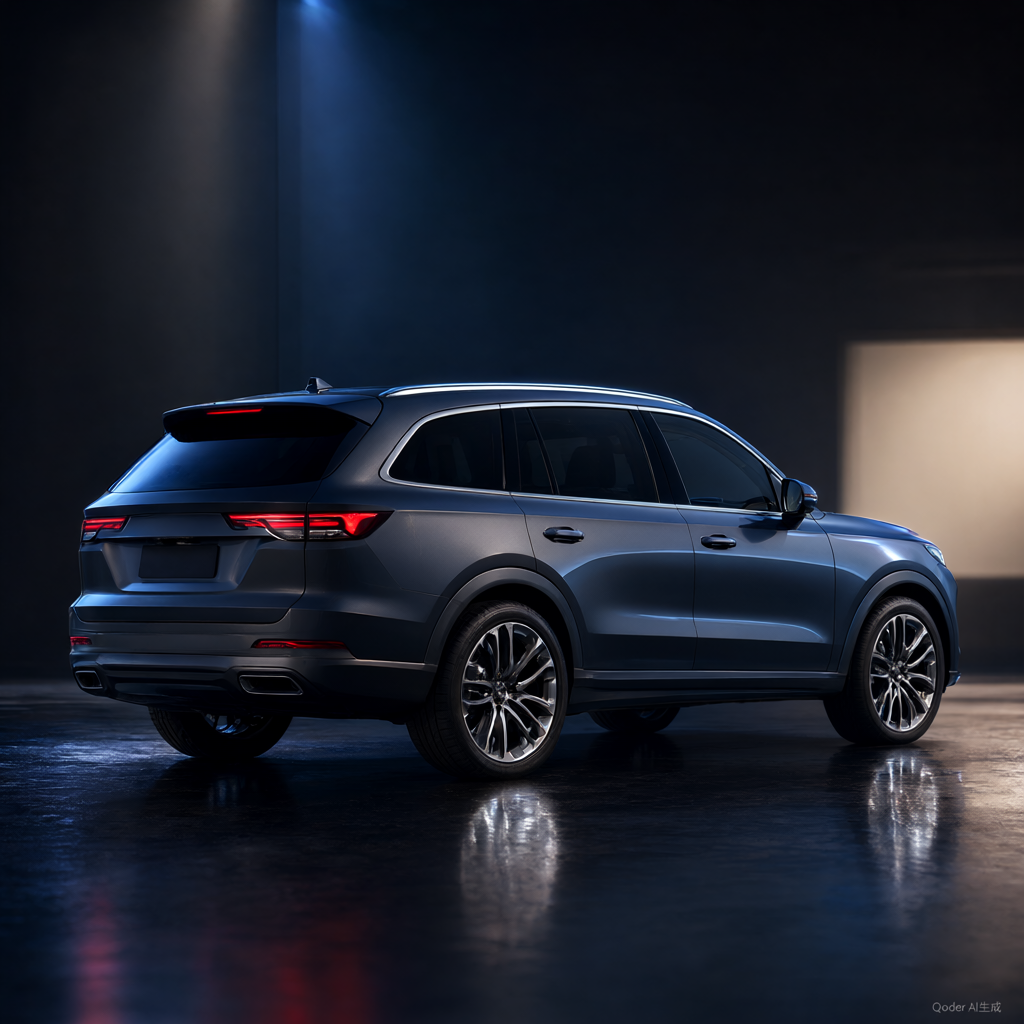 夜色霓虹氛围中的蓝灰 SUV 车尾
